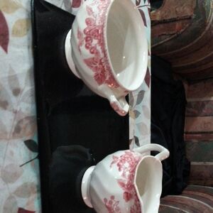 Johnson Brothers White and Pink Floral Creamer and Sugar Bowl Set